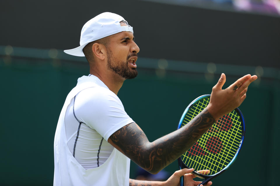 Nick Kyrgios, pictured here gesturing towards the crowd during his win over Paul Jubb at Wimbledon.