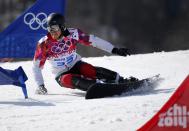 Canada's Jasey Jay Anderson competes during the men's parallel slalom snowboarding competition at the 2014 Sochi Winter Olympic Games in Rosa Khutor February 22, 2014. REUTERS/Mike Blake (RUSSIA - Tags: OLYMPICS SPORT SNOWBOARDING)