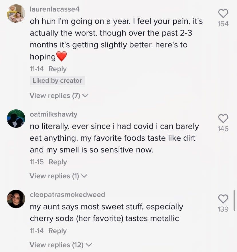 Comments include: "Ever since I had covid I can barely eat anything; my favorite foods taste like dirt" and "My aunt says most sweet stuff, especially cherry soda (her favorite) tastes metallic"