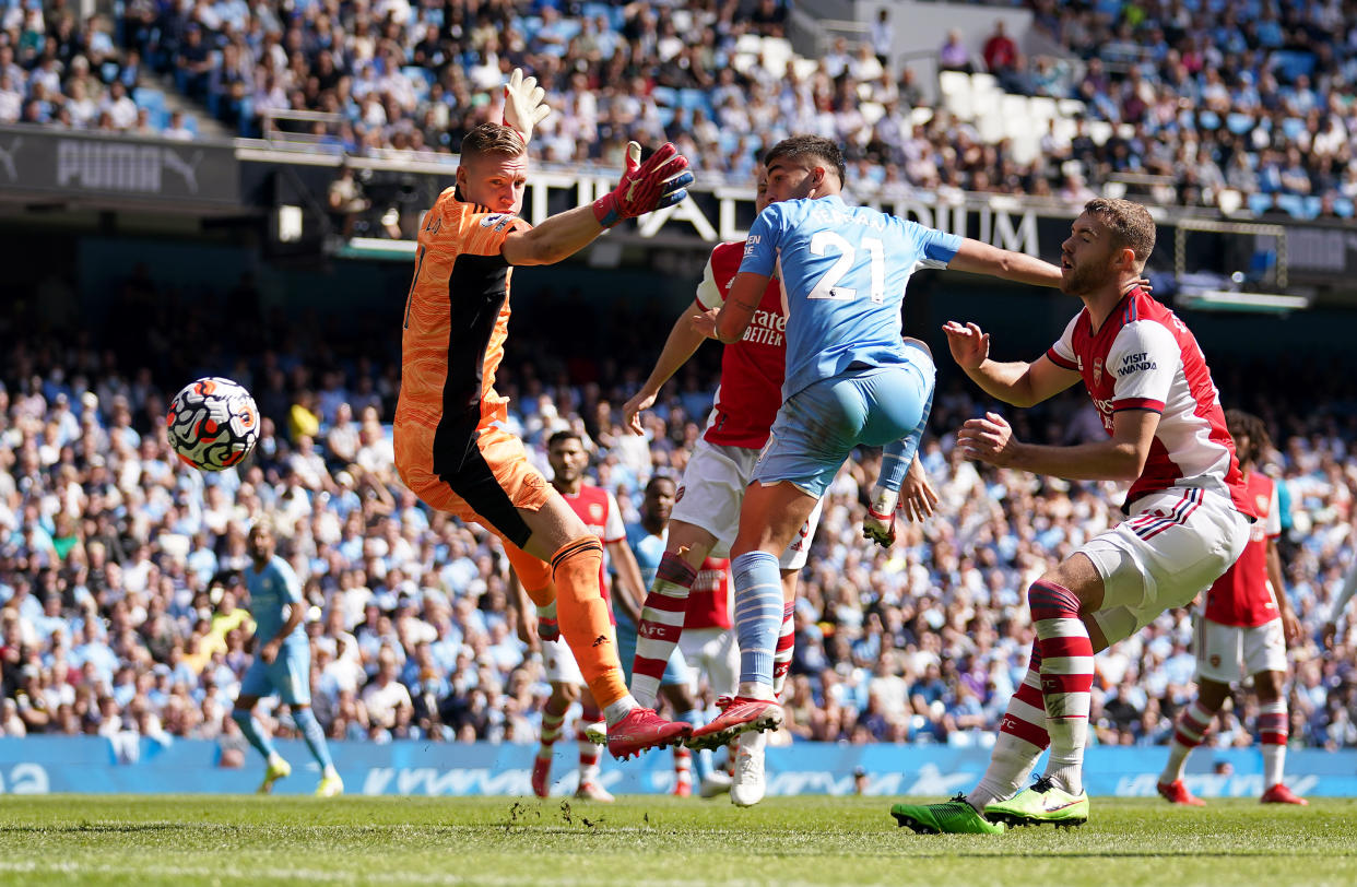 Manchester City's Ferran Torres scores their side's fifth goal of the game during the Premier League match at the Etihad Stadium, Manchester. Picture date: Saturday August 28, 2021. (Photo by Nick Potts/PA Images via Getty Images)