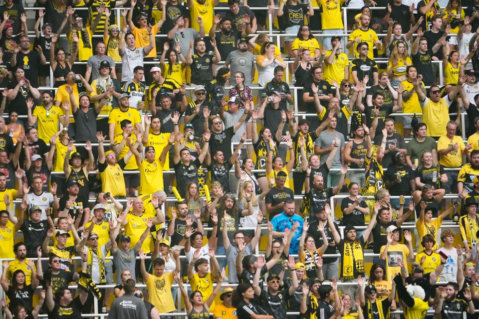 Aug 20, 2023; Columbus, Ohio, USA; Fans in the Nordecke chant prior to the MLS soccer match between the Columbus Crew and FC Cincinnati at Lower.com Field.