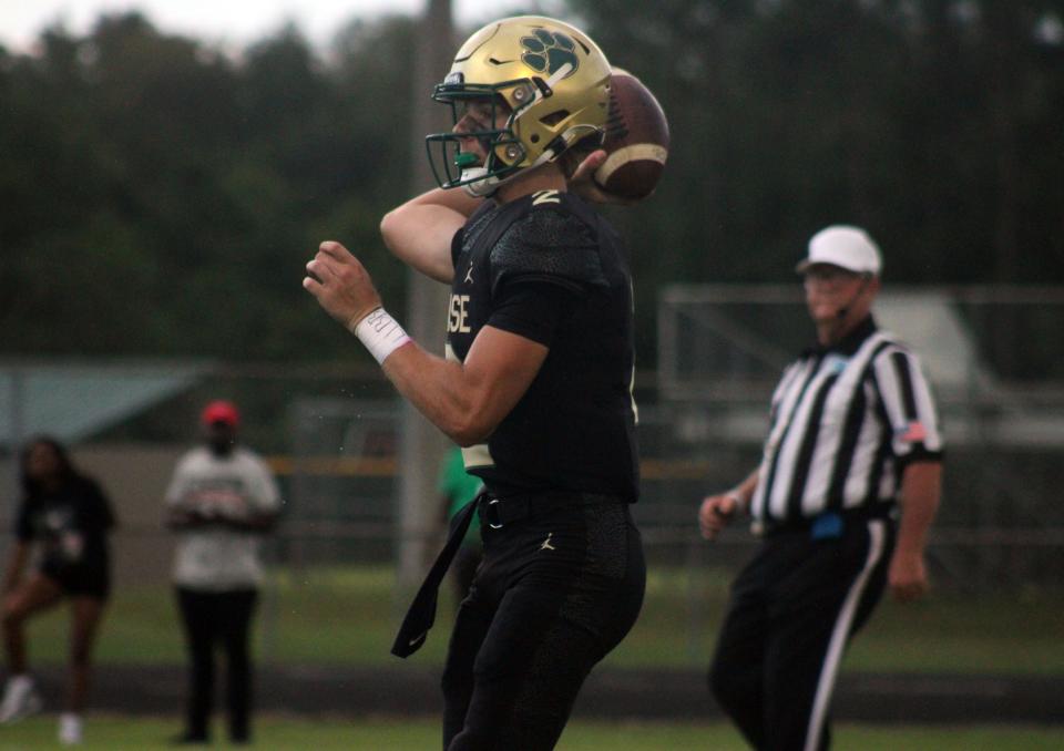 Nease quarterback Marcus Stokes (2) throws a pass during a high school football game against Jackson on August 26, 2022. [Clayton Freeman/Florida Times-Union]