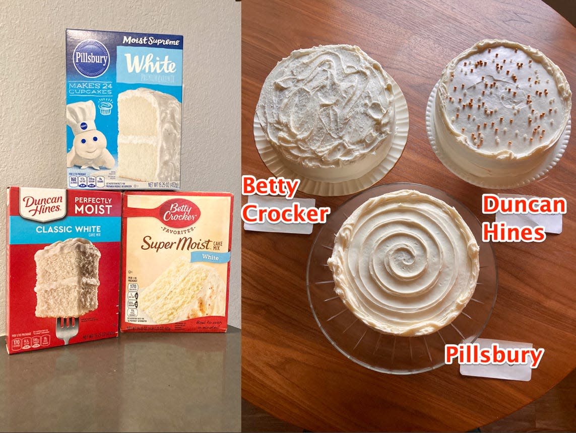 pillsbury cake mix stacked on top of betty crocker and duncan hines cake mixes next toa photo of three frosted white cakes on platters with labels as to which brand is inside on a wood table