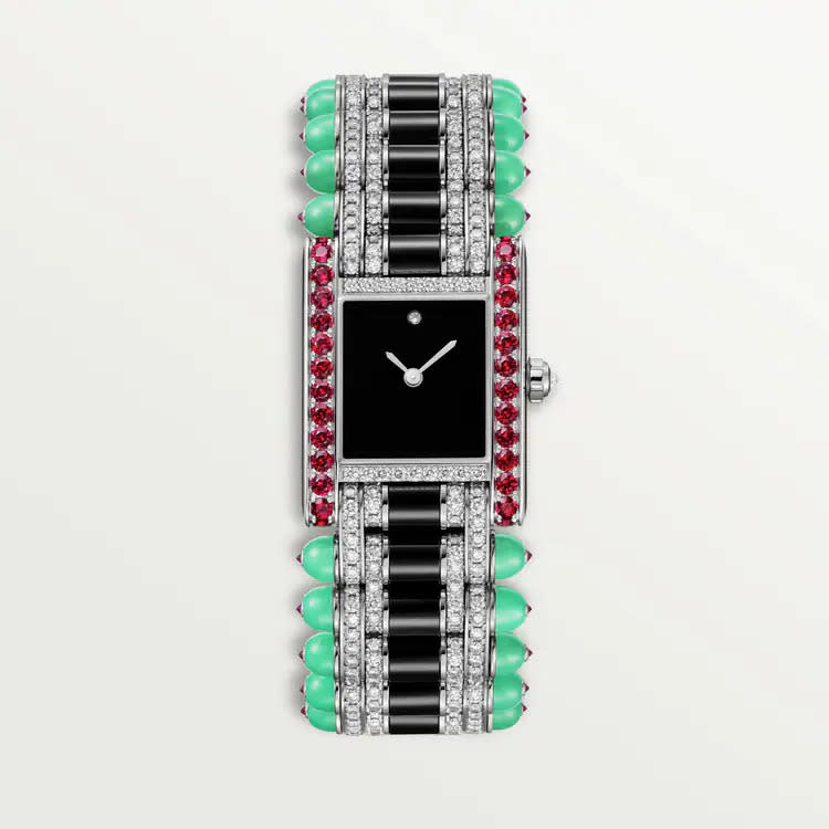 <em>A photograph from Cartier’s website shows “Tank Jewelry Watch” encrusted with diamonds called “stars” and “mélées.”(Credit: Cartier)</em>