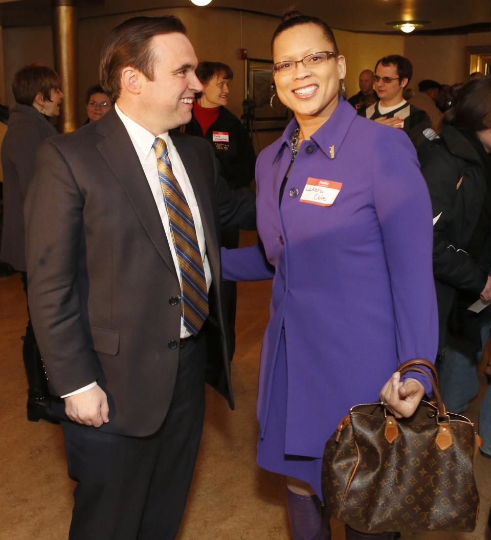 In 2013, at his kick-off campaign for Cincinnati mayor, John Cranley talks with former Cincinnati City Councilwoman Laketa Cole.