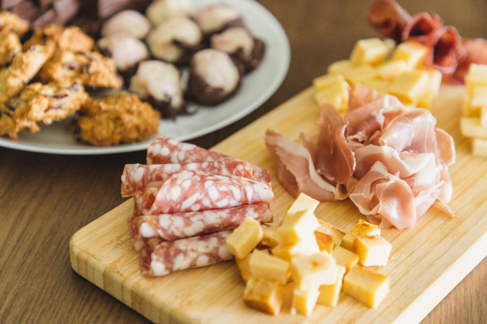 chocolate truffles, meat and cheese platter