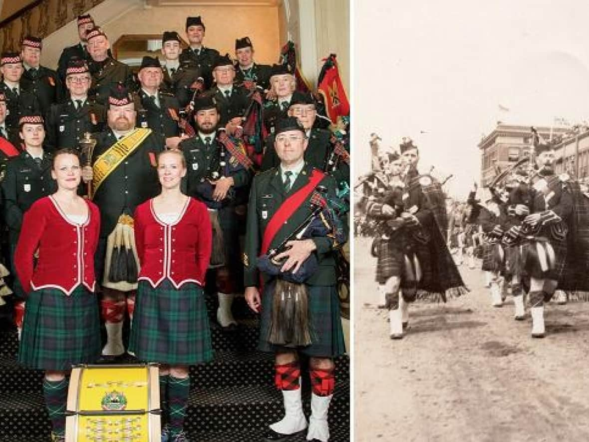 On the left, a photo of the Regimental Pipes and Drums of the Calgary Highlanders at the Highland Ball in May 2022. On the right, a photo of the band performing in 1924. (Submitted by The Regimental Pipes and Drums of the Calgary Highlanders - image credit)