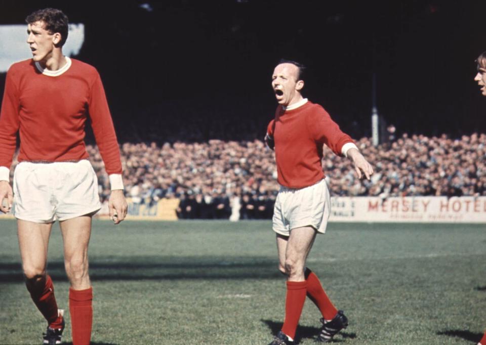 Shouting instructions to his United team-mates, including Alan Gowling  - Allsport Hulton/Archive