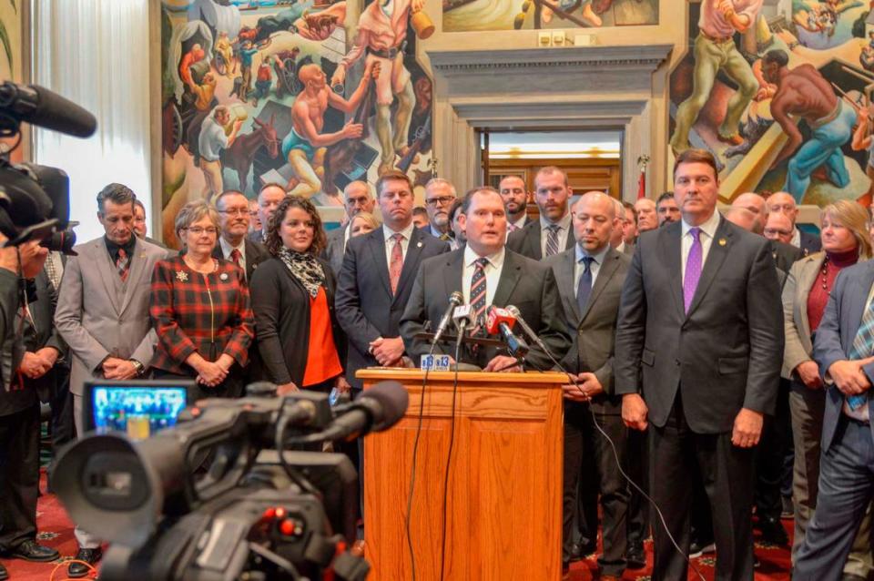 Missouri Speaker of the House Rob Vescovo, center, and fellow Republican lawmakers hold a press conference on the first day of the 2022 legislative session on Jan. 5, 2022 in Jefferson City.