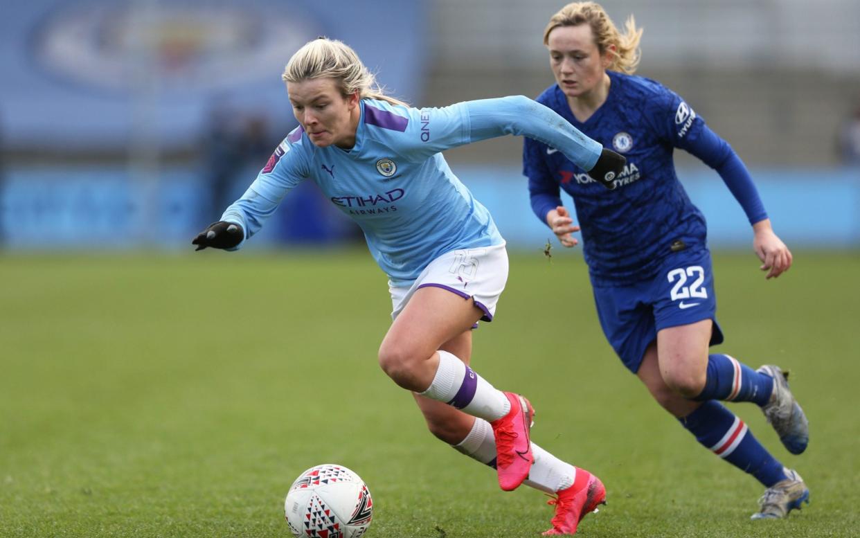 Lauren Hemp of Manchester City on the ball during the Barclays FA Women's Super League match between Manchester City and Chelsea at The Academy Stadium on February 23, 2020 in Manchester - Charlotte Tattersall/Getty Images