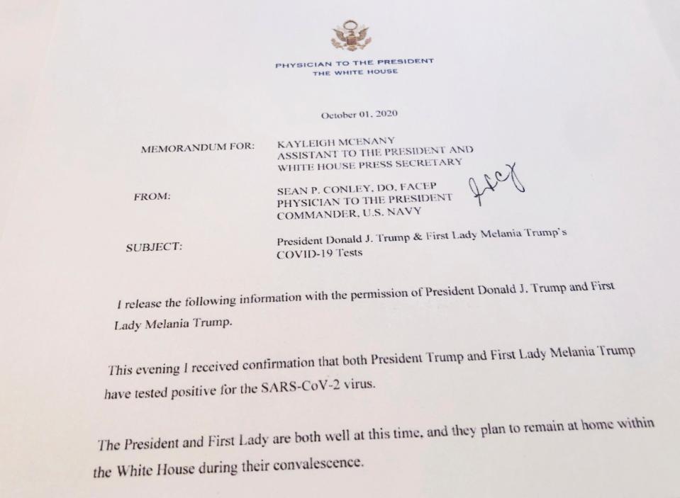 This shows a White House memorandum released Thursday, Oct. 1, 2020 by the Physician to the President, confirming that both President Trump and first lady Melania Trump have tested positive for the SARS-CoV-2 virus.