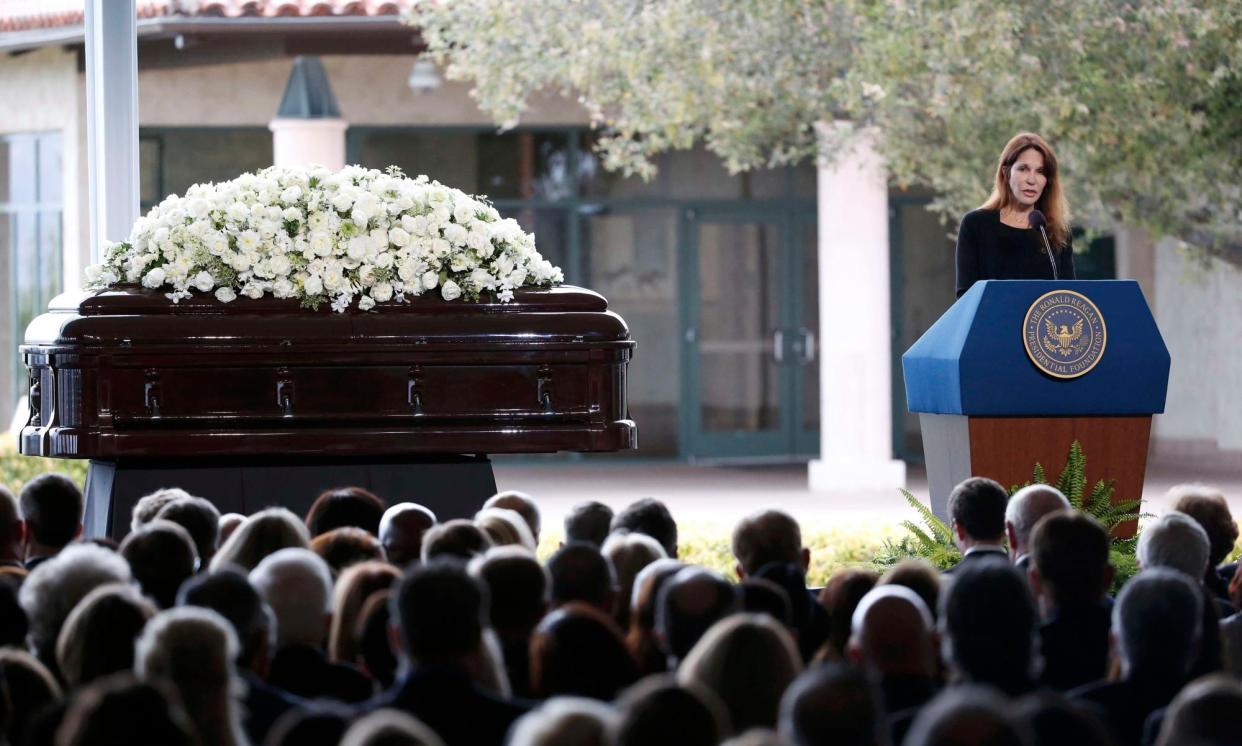 <span>Patti Davis, daughter of Nancy Reagan, speaks at her mothers funeral at the Ronald Reagan Presidential Library in Simi Valley, California, in 2016.</span><span>Photograph: Lucy Nicholson/Reuters</span>