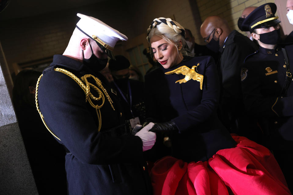 Lady Gaga arrives to sing the National Anthem at the inauguration.<span class="copyright">Win McNamee—Getty Images/Shutterstock</span>