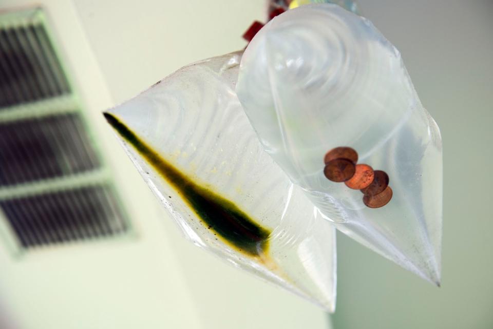 Jackson, Mississippi, resident Bertha Anderson, 84, filled a gallon bag with water from her tap and hung it on her porch in an effort to ward off flies. Green sediment settled on the bottom.