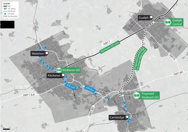 A map shows the proposed ion and GO lines going into and out of the proposed Pinebush GO station.