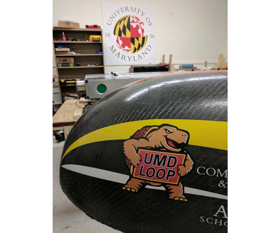 The UMD mascot at the nose of the hyperloop test pod.