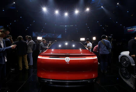 A Volkswagen I.D. concept car is displayed at a media event ahead of the Beijing Auto Show in Beijing, China April 24, 2018. REUTERS/Jason Lee