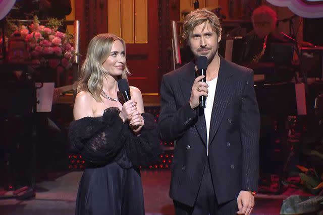 <p>Saturday Night Live/YouTube</p> Ryan Gosling and Emily Blunt in their 'SNL' opening monologue