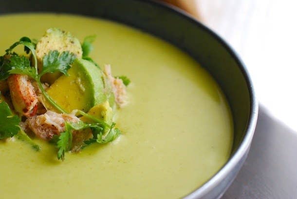 Chilled Fresh Pea Soup with Crab & Guacamole Salad