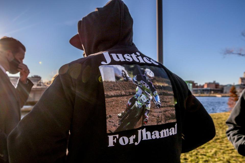 Mark Gonsalves Sr. wears a "Justice for Jhamal" sweatshirt in support of his son, Jhamal Gonsalves, who was seriously injured in a crash following a police pursuit in Providence in 2020.  [David DelPoio/Providence Journal, file]