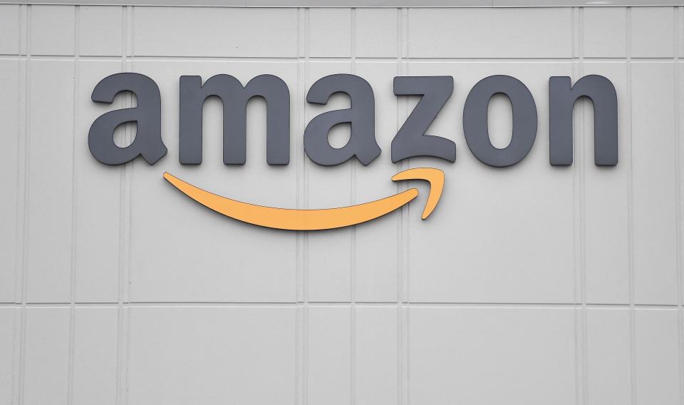 This file photo taken on March 30, 2020 shows the logo of US online retail giant Amazon at the distribution center in Staten Island, New York.