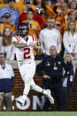 Mississippi quarterback Matt Corral (2) throws to a receiver during the first half of the team's NCAA college football game against Tennessee on Saturday, Oct. 16, 2021, in Knoxville, Tenn. (AP Photo/Wade Payne)