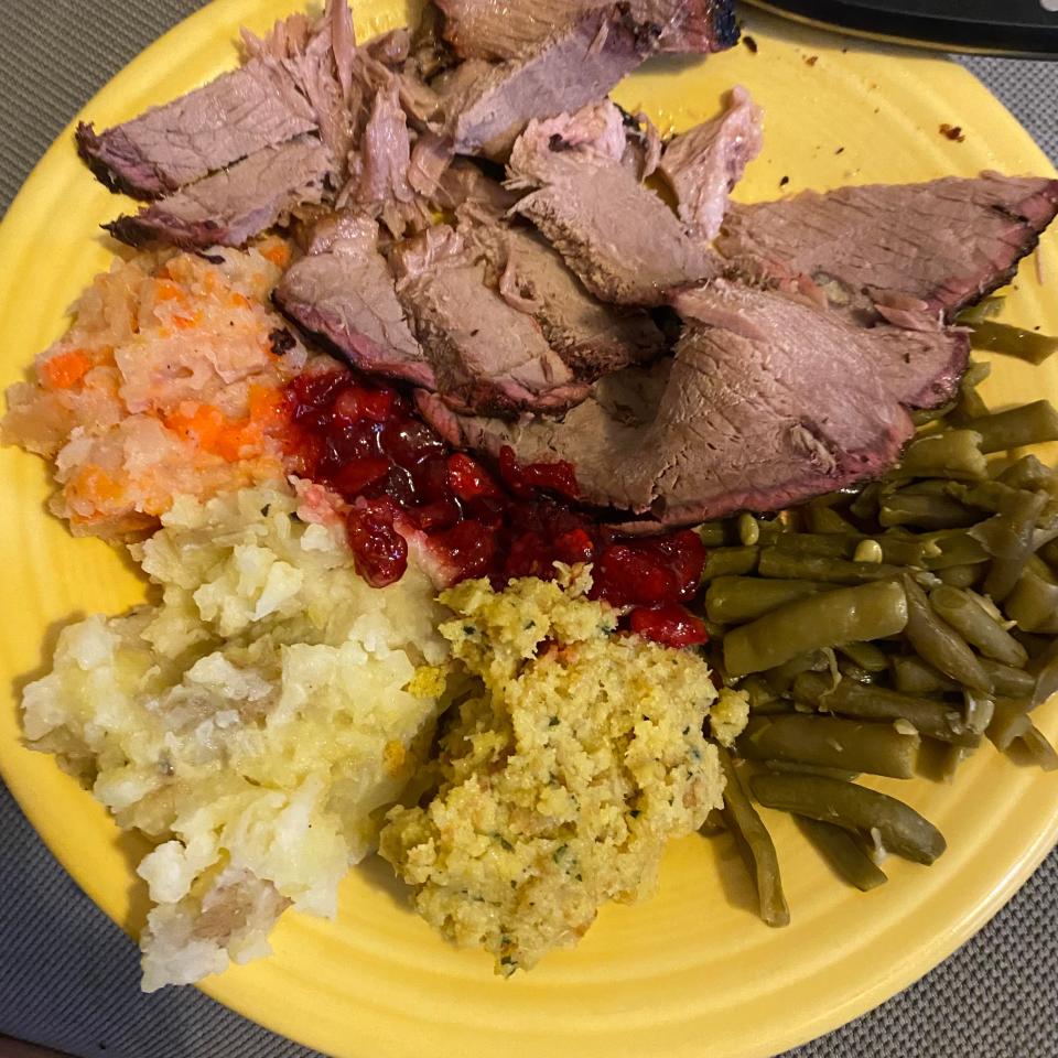 Our first Thanksgiving plate with brisket went nicely with mashed rutabagas, mashed potatoes, stuffing, green beans, and cranberry sauce.