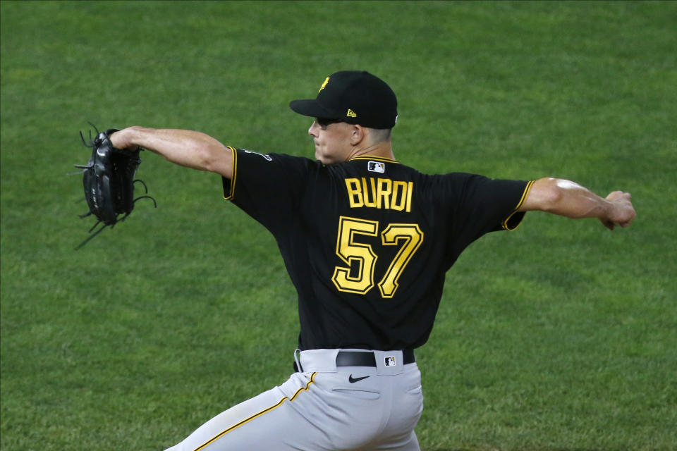 Pittsburgh Pirates pitcher Nick Burdi throws against the Minnesota Twins in the ninth inning of a baseball game Monday, Aug. 3, 2020, in Minneapolis. The Twins won 5-4. Burdi picked up the loss. (AP Photo/Jim Mone)