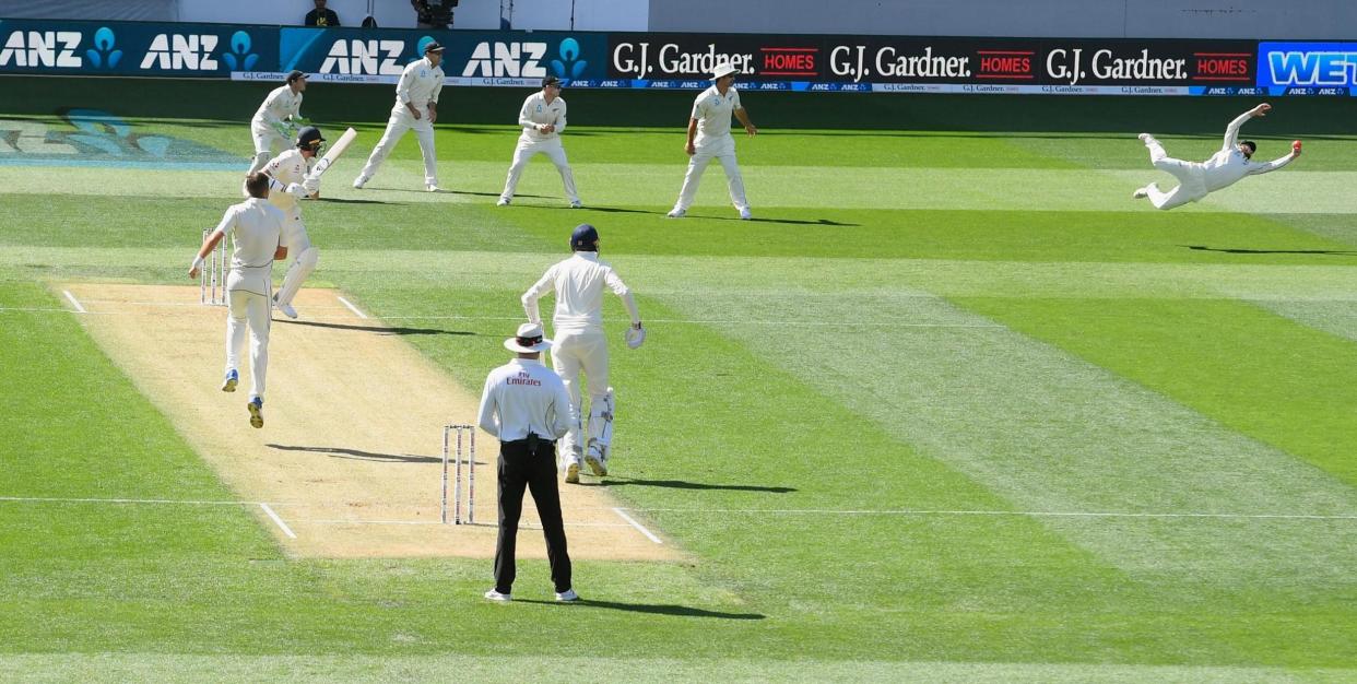 Lift-off | Stuart Broad watches in vain as he is dismissed by a spectacular Kane Williamson catch: Getty Images