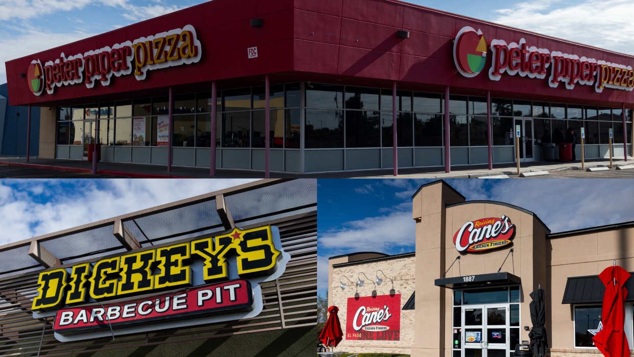 Peter Piper Pizza at 1800 N Zaragoza Road (top); Dickey's Barbeque Pit at 1513 N Zaragoza Road (bottom left); Raising Cane's Chicken Fingers located at 1887 N Zaragoza Road (bottom right).