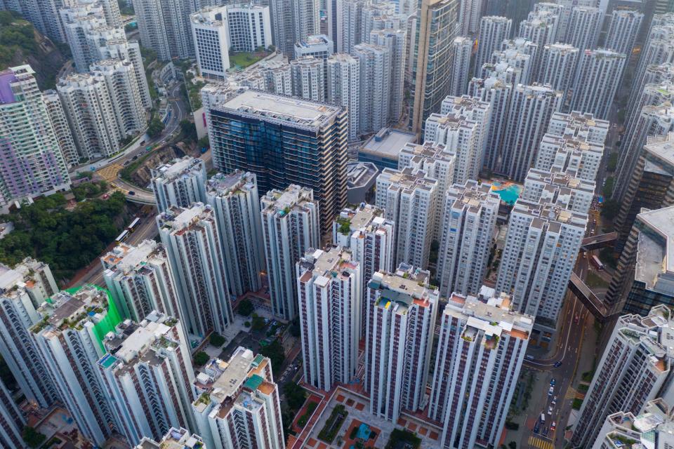 Tai Koo, Hong Kong 28 August 2019: Aerial view of Hong Kong city