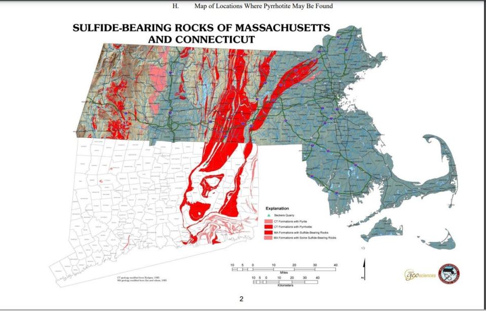 Map of where pyrrhotite could be found in Massachusetts