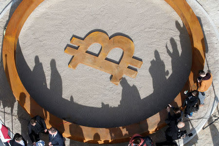 People attend the opening ceremony of world's first public Bitcoin monument, placed at a roundabout connecting two roads at the city centre in Kranj, Slovenia, March 13, 2018. REUTERS/Borut Zivulovic