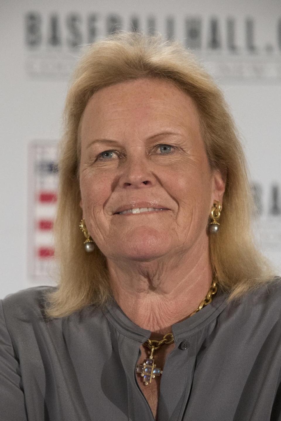 Chairman of the Board of Directors of the National Baseball Hall of Fame and Museum Jane Forbes Clark takes part in a new conference, Thursday, Jan. 19, 2017, in New York. (AP Photo/Mary Altaffer)