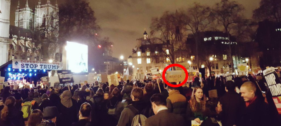 'Wenger Out' banner spotted at anti-Trump protest march in central London