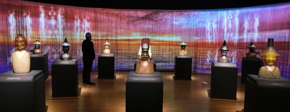 The exhibit "Preston Singletary: Raven and the Box of Daylight" is on view Thursday, Nov. 9, 2023 at the Oklahoma City Museum of Art. Running through April 28 at the OKC museum, the multi-sensory experience combines glass, video, and audio to tell the story of Raven, a creator figure in Tlingit culture.