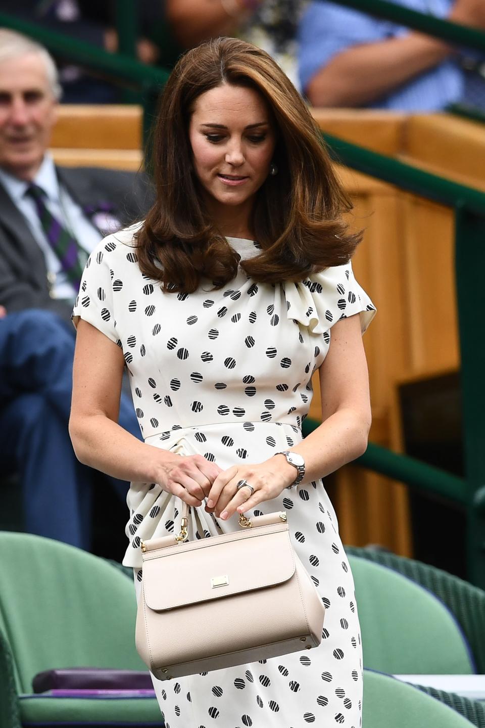 LONDON, ENGLAND - JULY 14: Catherine, Duchess of Cambridge attends day twelve of the Wimbledon Lawn Tennis Championships at All England Lawn Tennis and Croquet Club on July 14, 2018 in London, England. (Photo by Clive Mason/Getty Images)