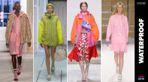 <p><i>Waterproof raingear was all the rage during LFW this season. They were shown in vibrant shades of neon to combat London’s famously dreary weather. (Photo: ImaxTree, Art: Quinn Lemmers for Yahoo Lifestyle) </i></p>