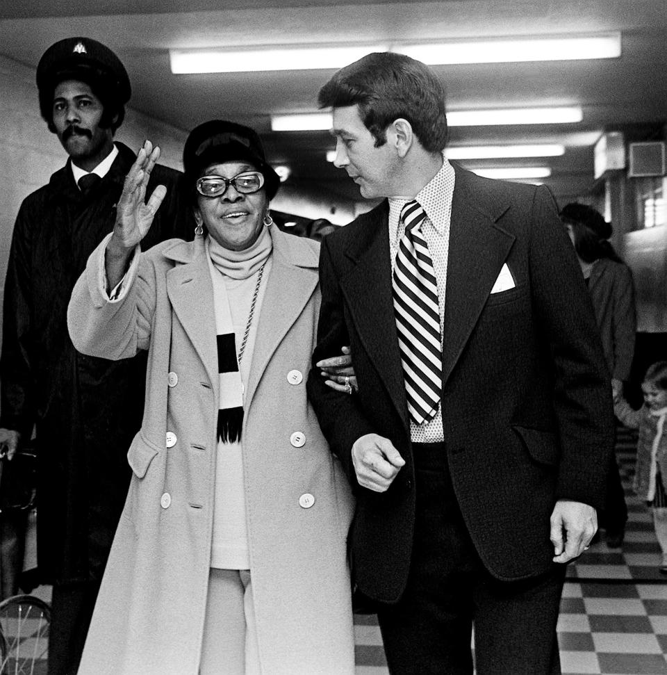 Moms Mabley arrives at the Metro Airport on March 2, 1973. She was a presenter in the 15th annual Grammy Awards show at the Tennessee Theater in Nashville.