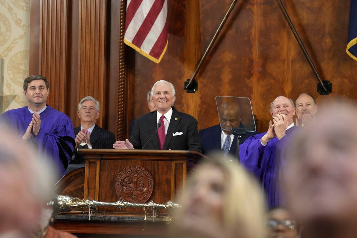 Gov. Henry McMaster smiles as members rise to applaud after he introduced Lt. Gov. Pamela Evette at the beginning of his State of the State address on Wednesday, Jan. 25, 2023, in Columbia, S.C. (AP Photo/Meg Kinnard)