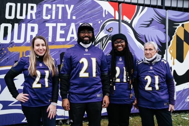 2021 Baltimore Ravens Community Quarterback Award recipients, left to right, Julie Traut, Heber Brown III, Grace Callwood, and Sandie Nagel. Not pictured Christopher Dipnarine. Photo Courtesy of: Baltimore Ravens