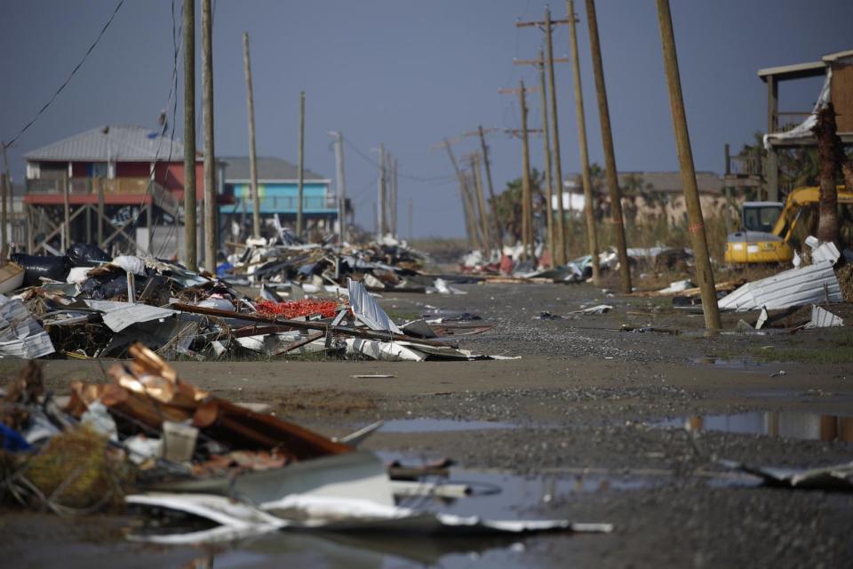 PHOTO: Debris sits outside of damaged homes after Hurricane Delta made landfall in Holly Beach, La., Oct. 11, 2020.  (Luke Sharrett/Bloomberg via Getty Images)