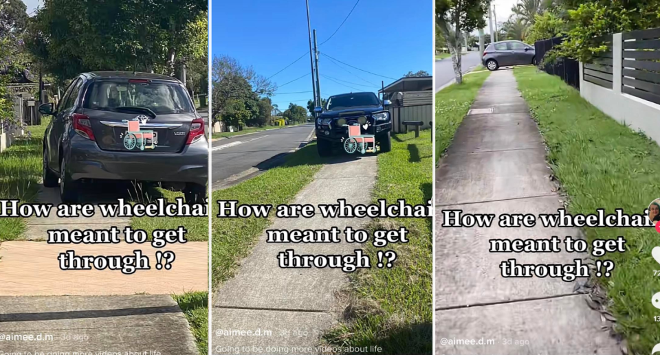 3 stills from TikTok video showing the words 'how are wheelchairs meant to get through?' with cars being parked on footpaths.