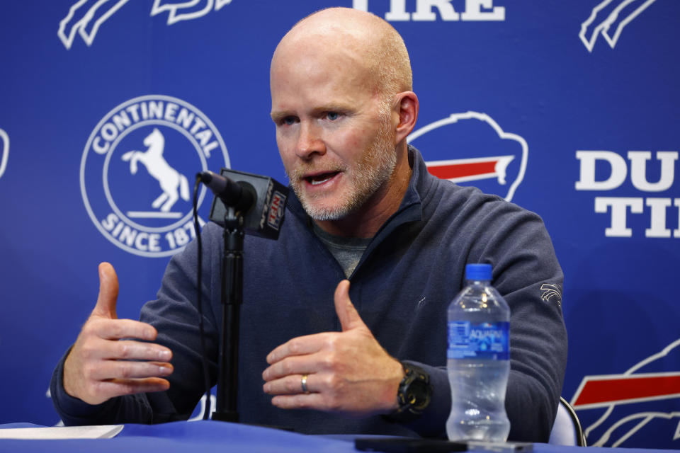 Buffalo Bills head coach Sean McDermott speaks with the media, Thursday Jan. 5, 2023, in Orchard Park, N.Y. Bills safety Damar Hamlin was taken to the hospital after collapsing on the field during the Bill's NFL football game against the Cincinnati Bengals on Monday night. (AP Photo/Jeffrey T. Barnes)