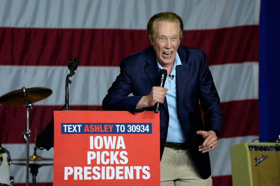 Republican presidential candidate Perry Johnson speaks during a fundraising event for U.S. Rep. Ashley Hinson, R-Iowa, Sunday, Aug. 6, 2023, in Cedar Rapids, Iowa (AP)