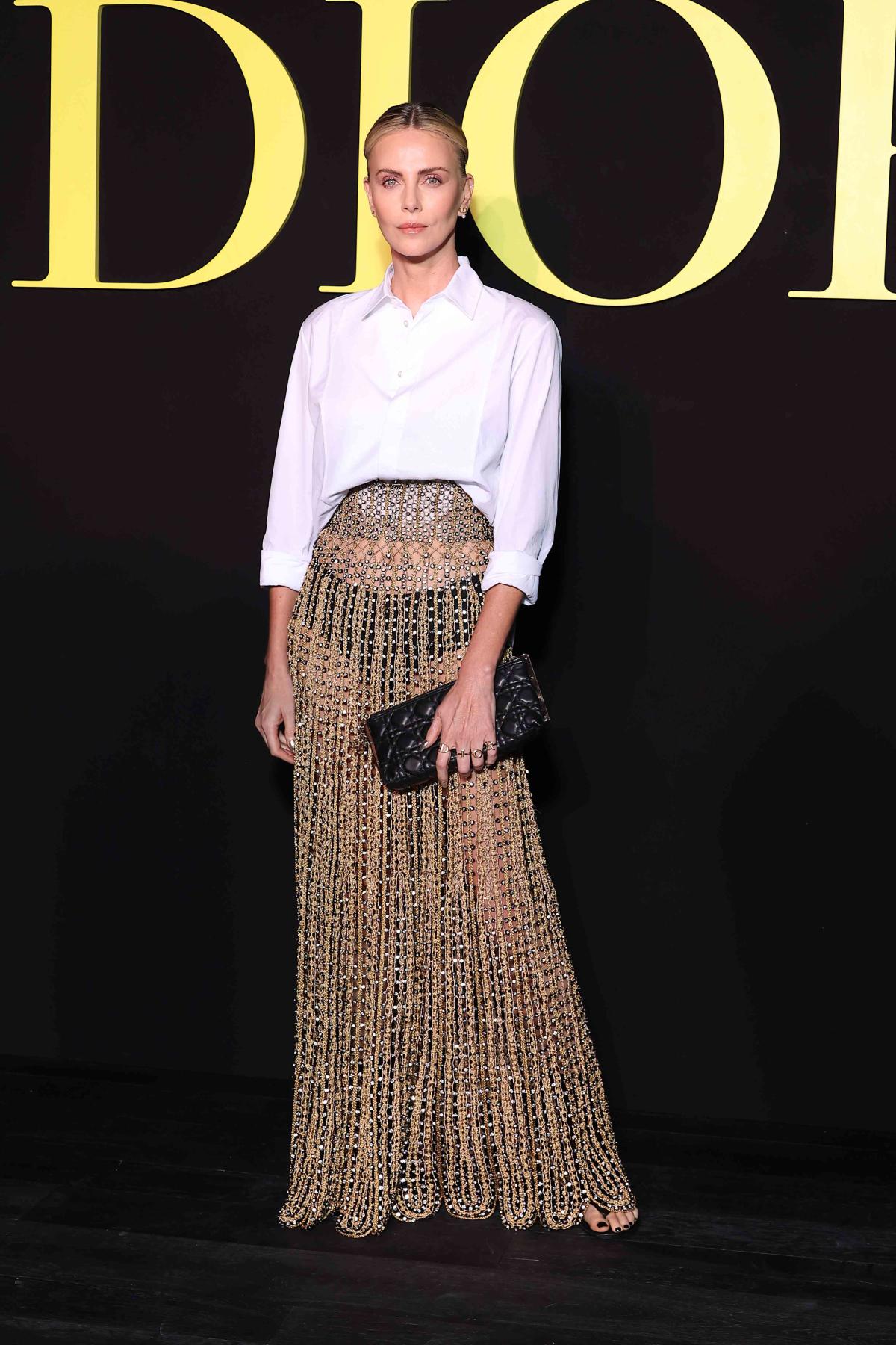 Charlize Theron Paired a Totally See-Through Beaded Maxiskirt With Black  Underwear and a Button-Down