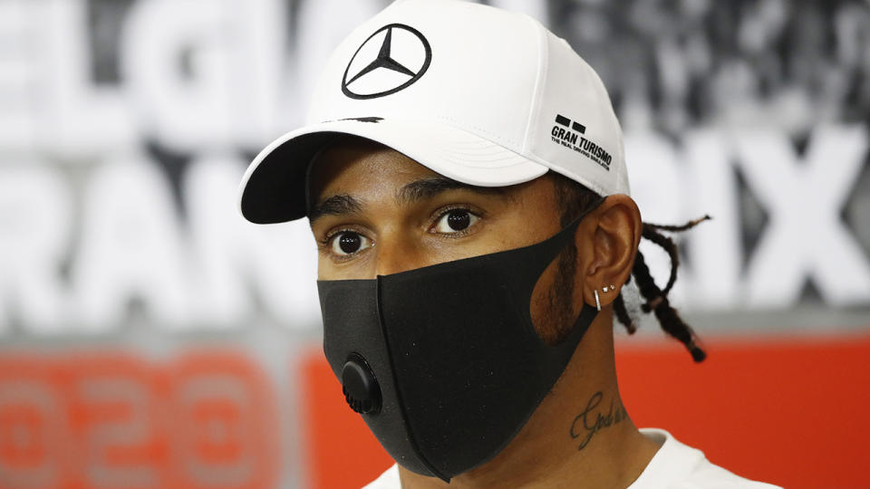 Six-time Formula One champion Lewis Hamilton is pictured during a press conference.