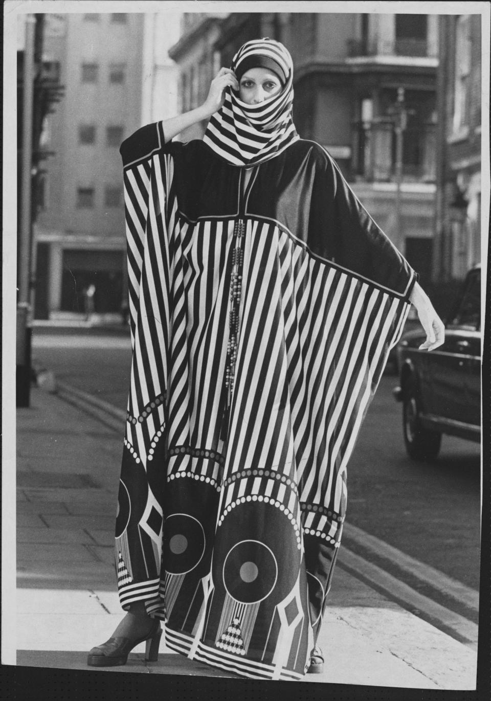 A striped beach robe with matching veil, designed by Bates for Jean Varon, 1971 - Hulton-Deutsch Collection/Corbis via Getty Images