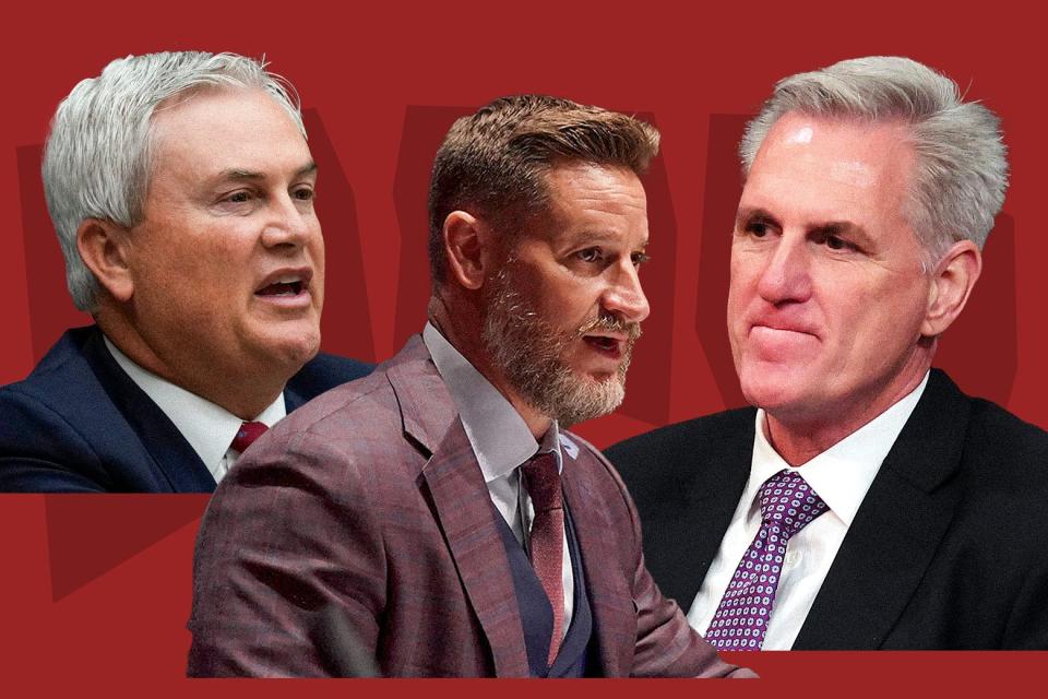 Comer, Steube, and McCarthy Photoshopped side by side, the former two speaking and the latter grimacing with his lips tight.