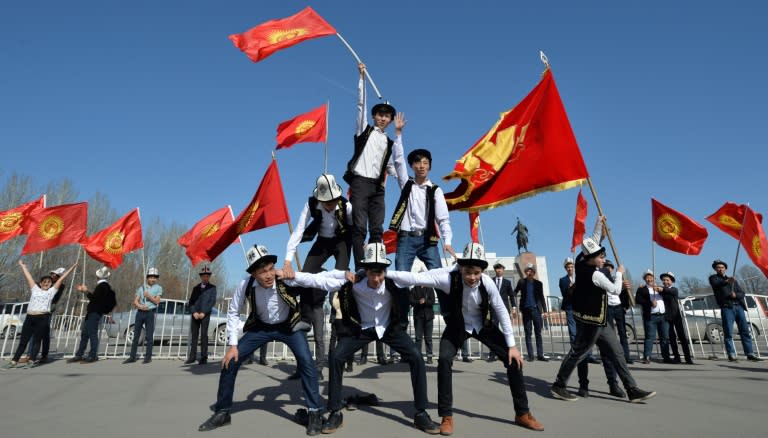 Kyrgyz performers at a rally marking national hat day at the central Ala-Too Square in Bishkek on Monday